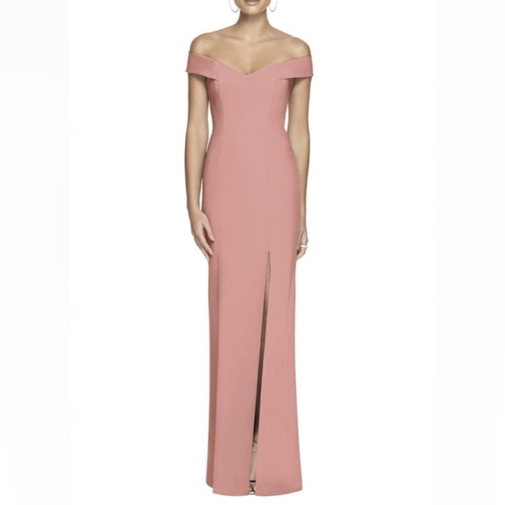 Dessy Collection NWT Rose Crepe off-the-shoulder‎ full length gown, size 2